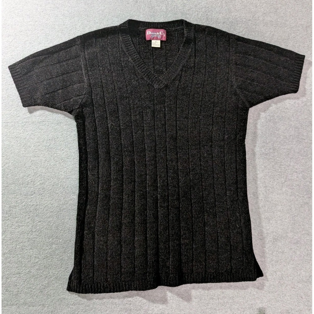 Vintage Denim & Co Womens Sweater Medium Black V Neck Knit Short Sleeve 90s